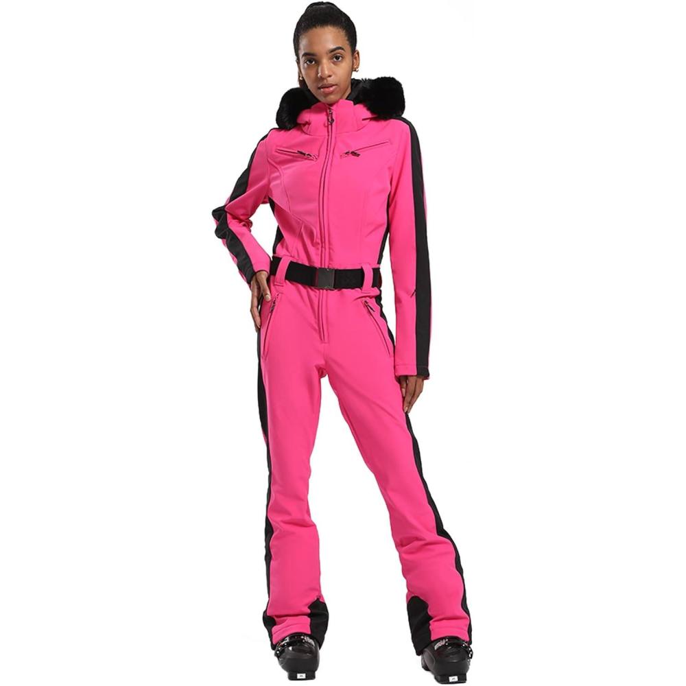 image:imageGSOU SNOW Womens Ski Suit One Piece Snowsuit Snowboard Slim Insulated Jumpsuit Jacket Waterproof Windproof for Outdoor SportsRose Red