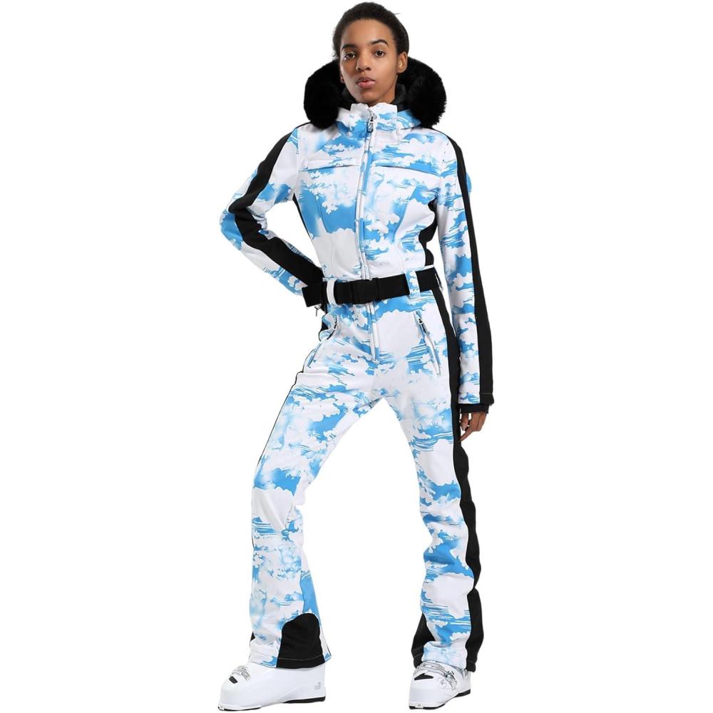 image:imageGSOU SNOW Womens Ski Suit One Piece Snowsuit Snowboard Slim Insulated Jumpsuit Jacket Waterproof Windproof for Outdoor SportsTie Dyed Blue