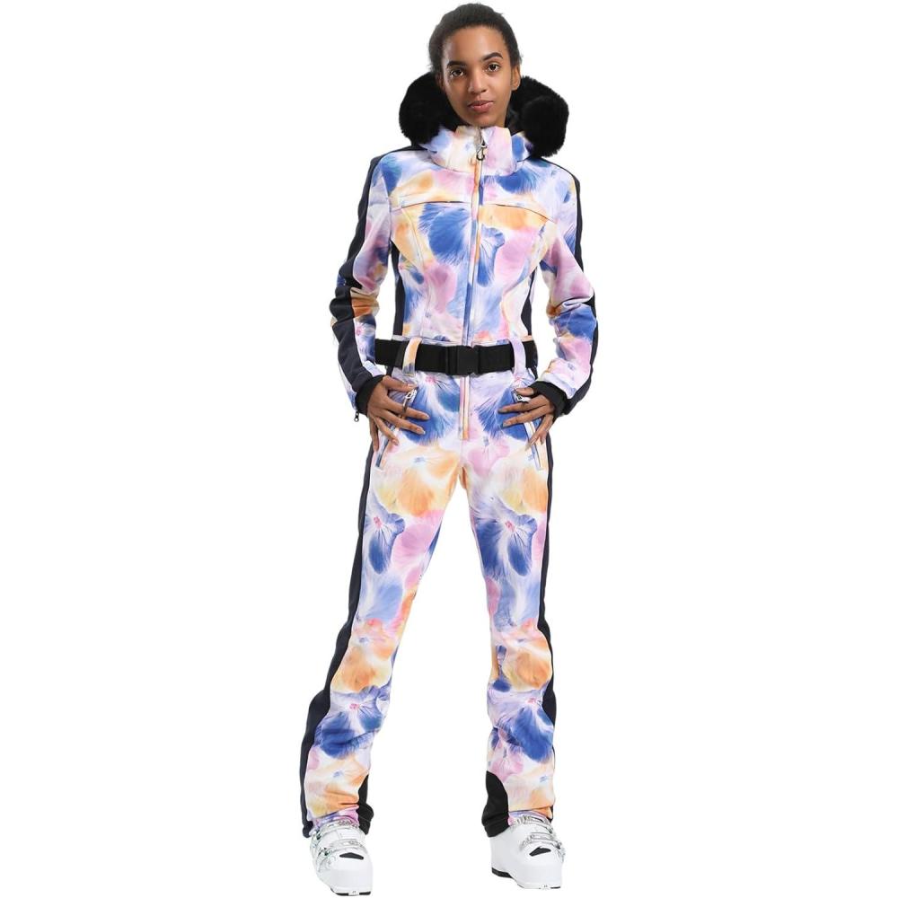 image:imageGSOU SNOW Womens Ski Suit One Piece Snowsuit Snowboard Slim Insulated Jumpsuit Jacket Waterproof Windproof for Outdoor SportsTie Dyed Purple