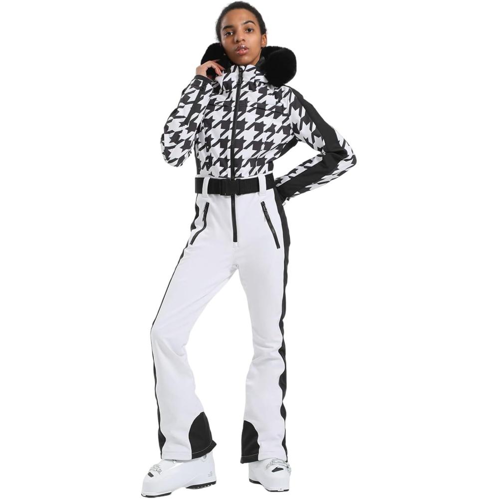 image:imageGSOU SNOW Womens Ski Suit One Piece Snowsuit Snowboard Slim Insulated Jumpsuit Jacket Waterproof Windproof for Outdoor SportsWhite Black