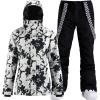 GSOU SNOW Women’s Ski Jackets and Pants Set Snowboarding Snowsuit Snow Coat Hooded Waterproof Windproof(Black Flower White)