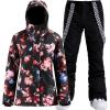 GSOU SNOW Women’s Ski Jackets and Pants Set Snowboarding Snowsuit Snow Coat Hooded Waterproof Windproof(Red Flower Black)