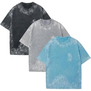GSOU SNOW Men Oversized T Shirt Cotton Casual Unisex Short Sleeve Vintage Baggy Tee Shirts Washed Mens Streetwear(Black+grey+blue)