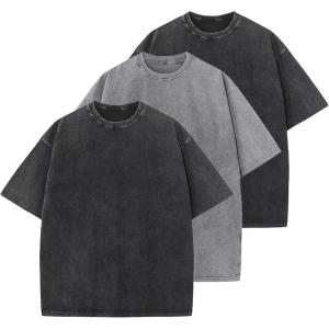 GSOU SNOW Men Oversized T Shirt Cotton Casual Unisex Short Sleeve Vintage Baggy Tee Shirts Washed Mens Streetwear(Washed Black Grey Black)