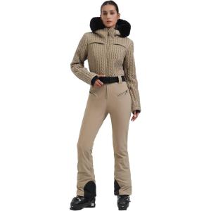 GSOU SNOW Ski Suit Women Snowsuit Slim One Piece Jumpsuit Snow Jackets Waterproof Winter Windproof Outdoor Sports Warm(Khaki)
