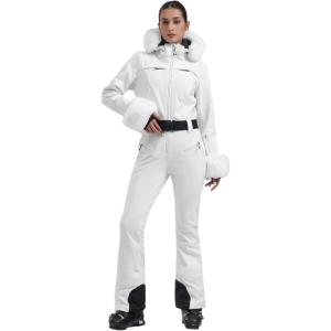 GSOU SNOW Ski Suit Womens One Piece Snowsuit Snowboard Jacket Slim Snow Jumpsuit Faux Fur Ski Outfit Waterproof Windproof(White)