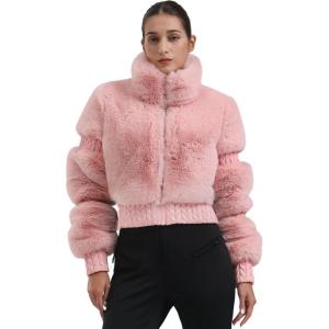 GSOU SNOW Women Ski Jacket Faux Fur Snowboard Coat Snow Cropped Jacket Winter Outdoor Warm(Pink)