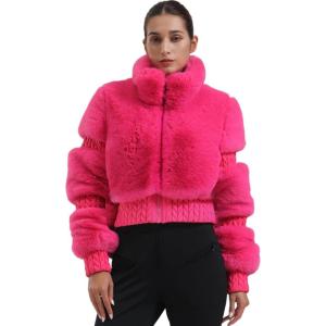 GSOU SNOW Women Ski Jacket Faux Fur Snowboard Coat Snow Cropped Jacket Winter Outdoor Warm(Rose)