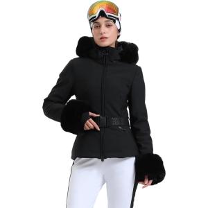 GSOU SNOW Women’s Ski Jacket Snowboard Warm Winter Short Slim Snow Coat Jacket Mountain Windproof Waterproof Insulated Hooded(Black 1)