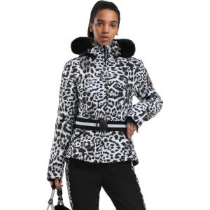 GSOU SNOW Women’s Ski Jacket Snowboard Warm Winter Short Slim Snow Coat Jacket Mountain Windproof Waterproof Insulated Hooded(Leopard White)
