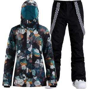 GSOU SNOW Women’s Ski Jacket and Pants Waterproof Windproof Snowsuit Snowboarding Coat Insulated Warm Winter(Flower Black)