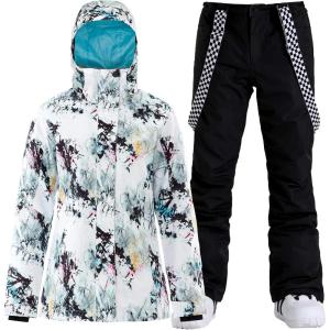 GSOU SNOW Women’s Ski Jacket and Pants Waterproof Windproof Snowsuit Snowboarding Coat Insulated Warm Winter(White Black)