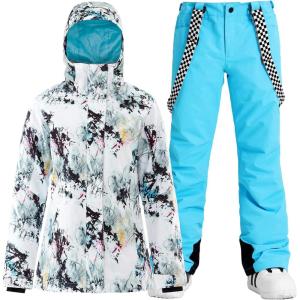 GSOU SNOW Women’s Ski Jacket and Pants Waterproof Windproof Snowsuit Snowboarding Coat Insulated Warm Winter(White Blue)