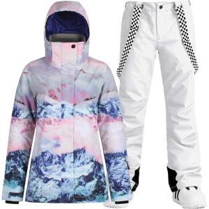 GSOU SNOW Women’s Ski Jacket and Pants Waterproof Windproof Snowsuit Snowboarding Coat Insulated Warm Winter(White Mountain)