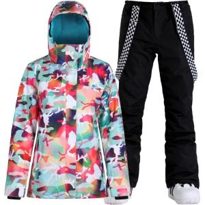 GSOU SNOW Women’s Ski Jackets and Pants Set Snowboarding Snowsuit Snow Coat Hooded Waterproof Windproof(Black Camouflage)