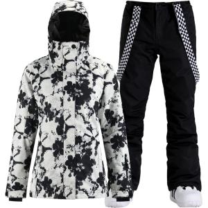 GSOU SNOW Women’s Ski Jackets and Pants Set Snowboarding Snowsuit Snow Coat Hooded Waterproof Windproof(Black Flower White)