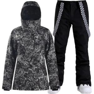 GSOU SNOW Women’s Ski Jackets and Pants Set Snowboarding Snowsuit Snow Coat Hooded Waterproof Windproof(Black Flowers)