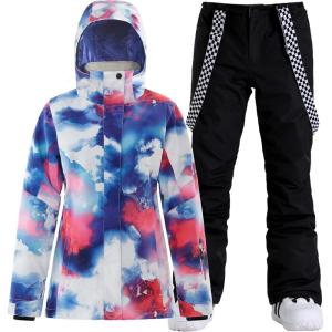 GSOU SNOW Women’s Ski Jackets and Pants Set Snowboarding Snowsuit Snow Coat Hooded Waterproof Windproof(Black Multicolor)