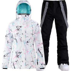 GSOU SNOW Women’s Ski Jackets and Pants Set Snowboarding Snowsuit Snow Coat Hooded Waterproof Windproof(Black White 1)