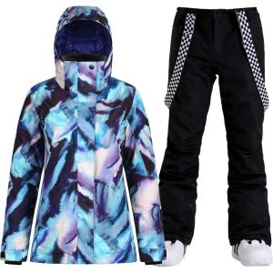 GSOU SNOW Women’s Ski Jackets and Pants Set Snowboarding Snowsuit Snow Coat Hooded Waterproof Windproof(Blue Black)