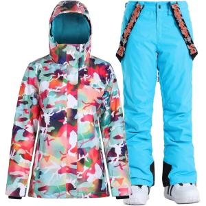 GSOU SNOW Women’s Ski Jackets and Pants Set Snowboarding Snowsuit Snow Coat Hooded Waterproof Windproof(Blue Camouflage)