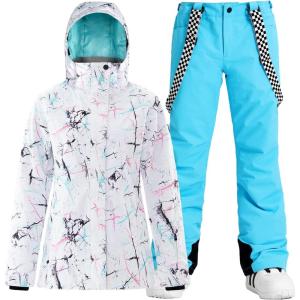 GSOU SNOW Women’s Ski Jackets and Pants Set Snowboarding Snowsuit Snow Coat Hooded Waterproof Windproof(Blue White 1)
