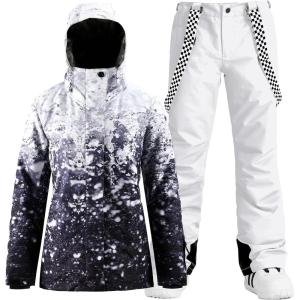GSOU SNOW Women’s Ski Jackets and Pants Set Snowboarding Snowsuit Snow Coat Hooded Waterproof Windproof(Dark Blue White)