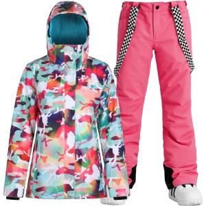 GSOU SNOW Women’s Ski Jackets and Pants Set Snowboarding Snowsuit Snow Coat Hooded Waterproof Windproof(Pink Camouflage)