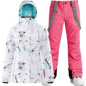 GSOU SNOW Women’s Ski Jackets and Pants Set Snowboarding Snowsuit Snow Coat Hooded Waterproof Windproof(Pink White 1)