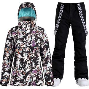 GSOU SNOW Women’s Ski Jackets and Pants Set Snowboarding Snowsuit Snow Coat Hooded Waterproof Windproof(Purple Flower Black)