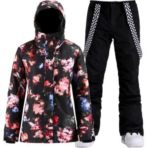 GSOU SNOW Women’s Ski Jackets and Pants Set Snowboarding Snowsuit Snow Coat Hooded Waterproof Windproof(Red Flower Black)