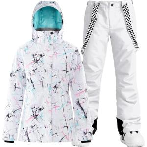 GSOU SNOW Women’s Ski Jackets and Pants Set Snowboarding Snowsuit Snow Coat Hooded Waterproof Windproof(White)