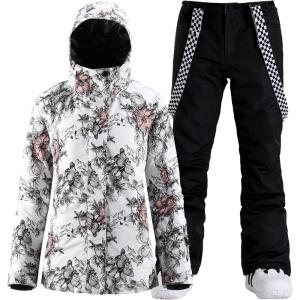 GSOU SNOW Women’s Ski Jackets and Pants Set Snowboarding Snowsuit Snow Coat Hooded Waterproof Windproof(White Flower Black)
