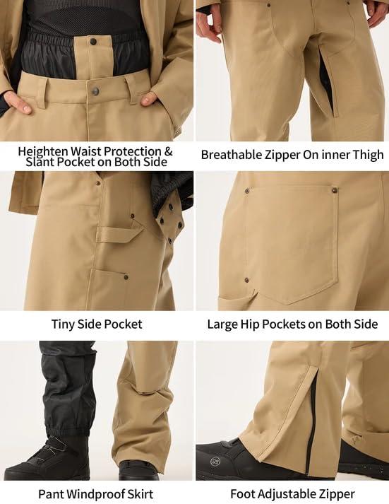 image:imageGSOU SNOW Mens Baggy Snowboard Pants Women Ski Pant Loose Fit Snow Pants Insulated Windproof Waterproof Hiking Winter OutdoorKhaki