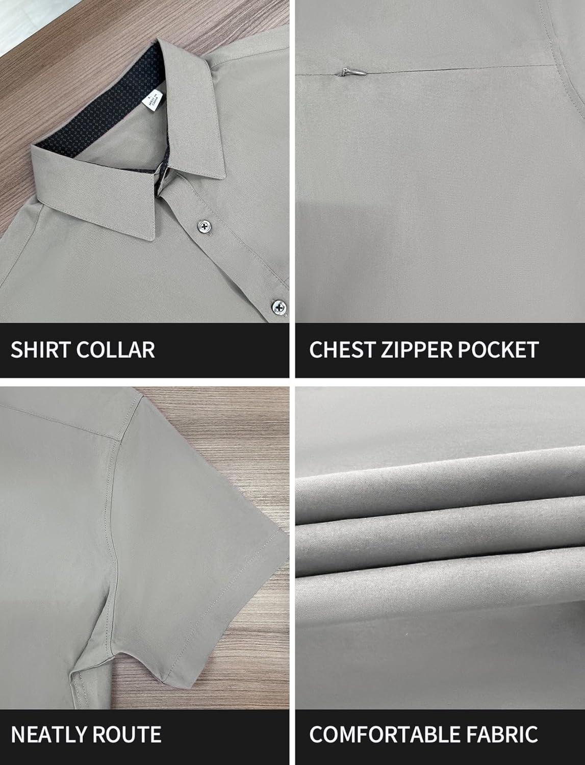 image:imageGSOU SNOW Mens Fishing Shirts Short Sleeve Button Up Hiking Shirt Cooling Quick Dry VentedBeige 1