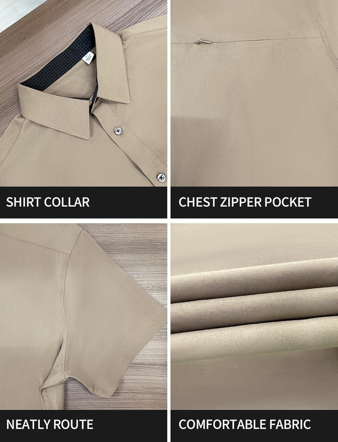 image:imageGSOU SNOW Mens Fishing Shirts Short Sleeve Button Up Hiking Shirt Cooling Quick Dry VentedKhaki