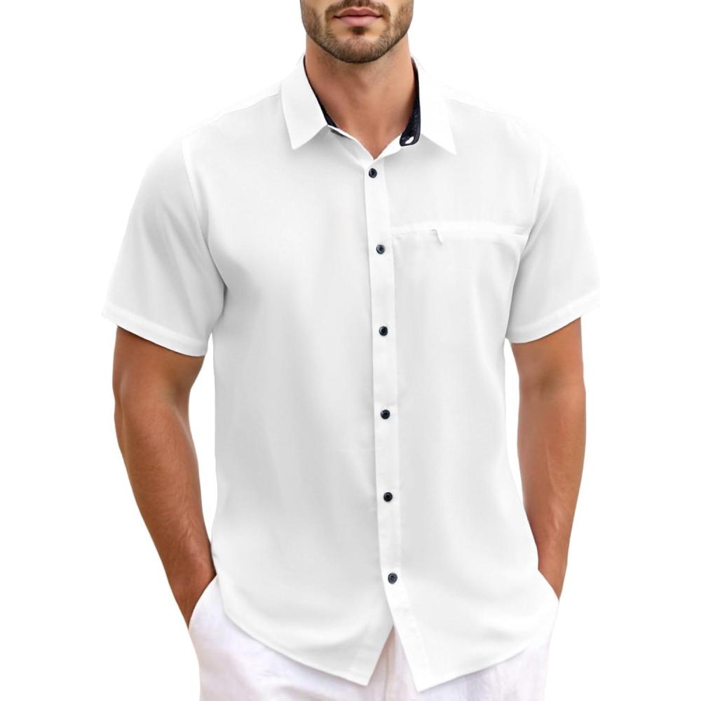 image:imageGSOU SNOW Mens Fishing Shirts Short Sleeve Button Up Hiking Shirt Cooling Quick Dry VentedWhite