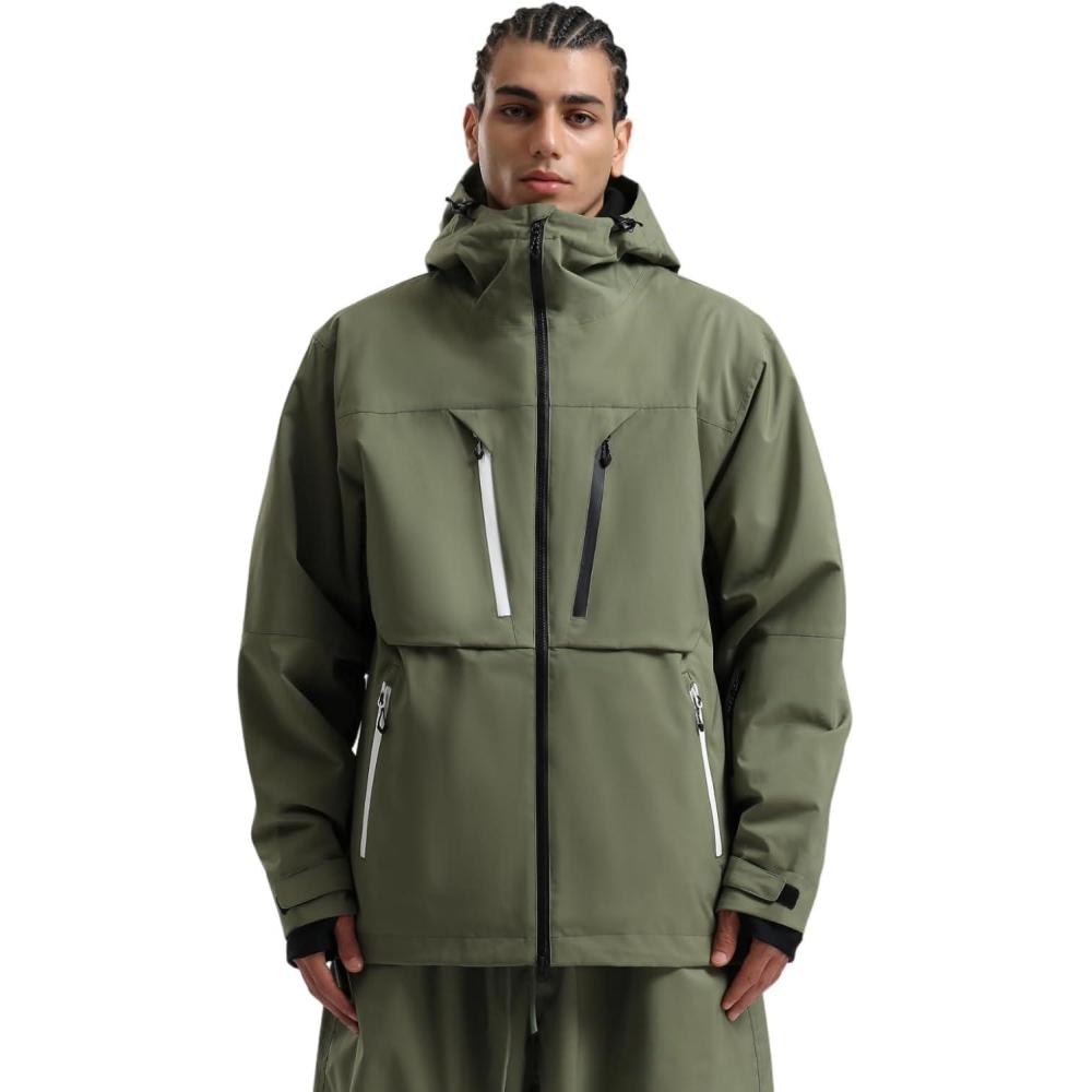 image:imageGSOU SNOW Mens Ski Jacket Waterproof Snowboard Jackets Windproof Baggy Snowboarding Coat Winter Outdoor Sports Snow HoodedArmy Green