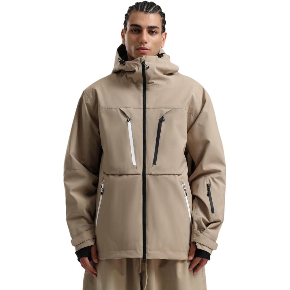image:imageGSOU SNOW Mens Ski Jacket Waterproof Snowboard Jackets Windproof Baggy Snowboarding Coat Winter Outdoor Sports Snow HoodedKhaki