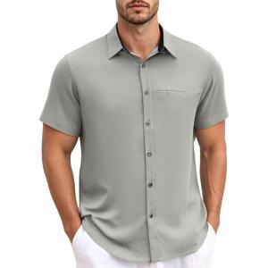 GSOU SNOW Mens Fishing Shirts Short Sleeve Button Up Hiking Shirt Cooling Quick Dry Vented(Beige 1)