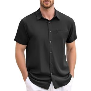 GSOU SNOW Mens Fishing Shirts Short Sleeve Button Up Hiking Shirt Cooling Quick Dry Vented(Black 1)