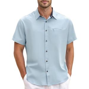 GSOU SNOW Mens Fishing Shirts Short Sleeve Button Up Hiking Shirt Cooling Quick Dry Vented(Blue 1)