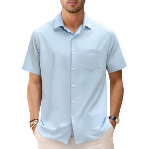 GSOU SNOW Mens Fishing Shirts Short Sleeve Button Up Hiking Shirt Cooling Quick Dry Vented(Blue)