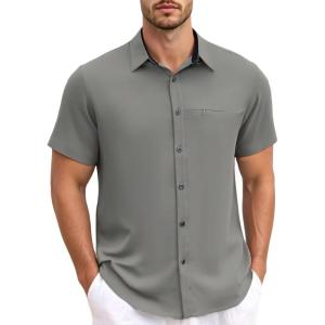 GSOU SNOW Mens Fishing Shirts Short Sleeve Button Up Hiking Shirt Cooling Quick Dry Vented(Grey 1)