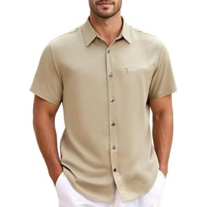 GSOU SNOW Mens Fishing Shirts Short Sleeve Button Up Hiking Shirt Cooling Quick Dry Vented(Khaki)