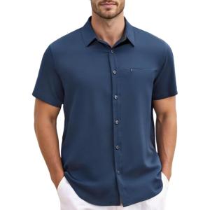 GSOU SNOW Mens Fishing Shirts Short Sleeve Button Up Hiking Shirt Cooling Quick Dry Vented(Navy)
