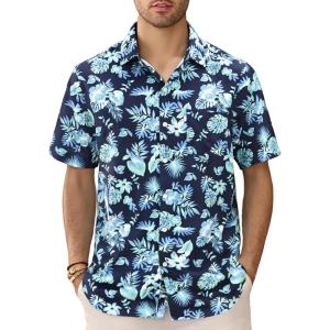 GSOU SNOW Mens Fishing Shirts Short Sleeve Button Up Hiking Shirt Cooling Quick Dry Vented(Navy Blue Floal)