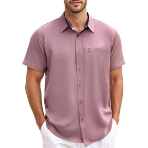 GSOU SNOW Mens Fishing Shirts Short Sleeve Button Up Hiking Shirt Cooling Quick Dry Vented(Purple)