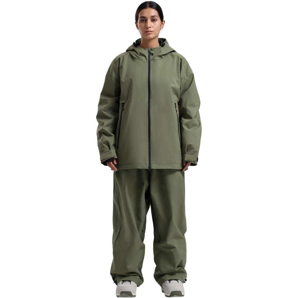 image:imageGSOU SNOW Women Ski Jacket and Pants Set Men Snowboard Jacket Baggy Snow Suit Waterproof Windproof Insulation Ski suitArmy Green