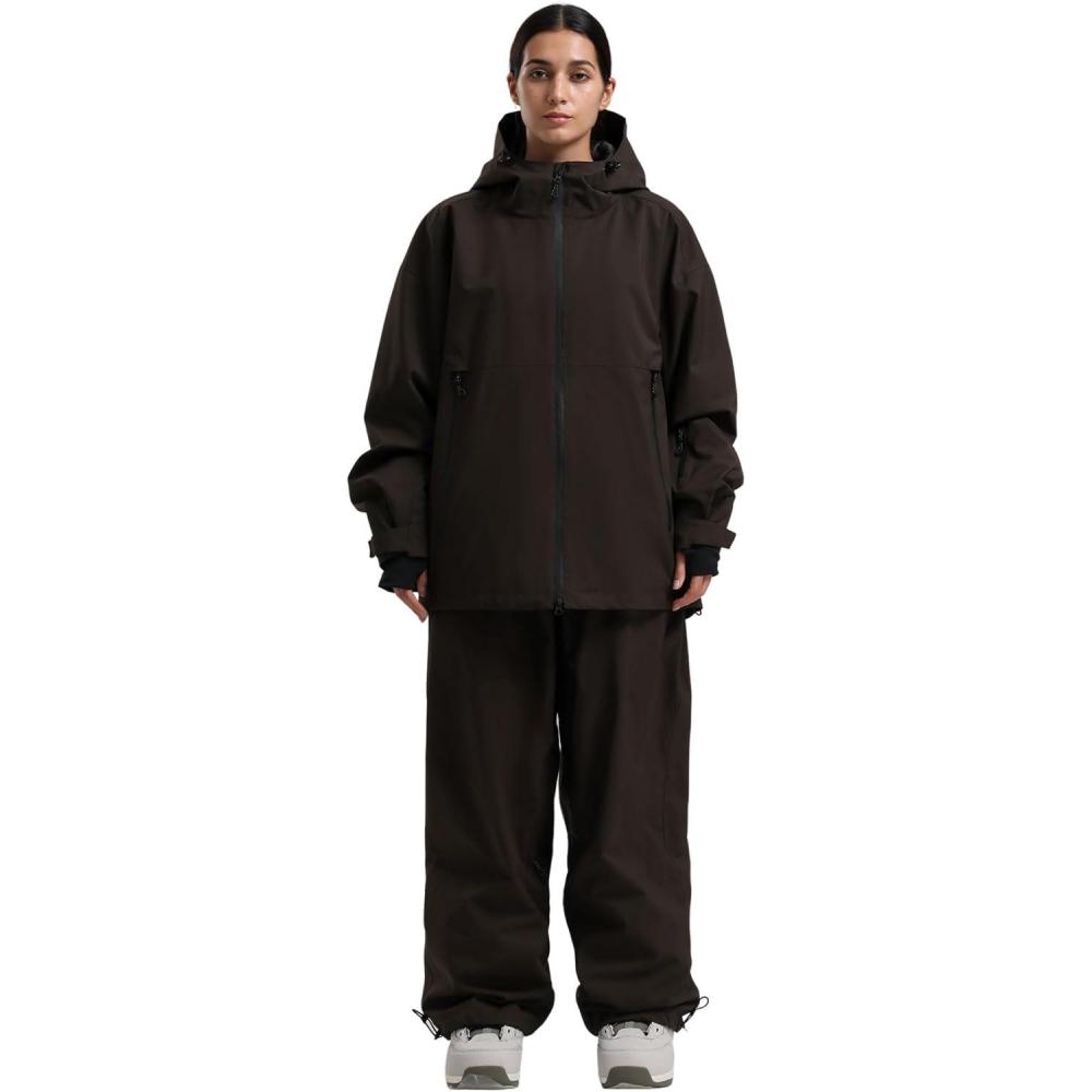 image:imageGSOU SNOW Women Ski Jacket and Pants Set Men Snowboard Jacket Baggy Snow Suit Waterproof Windproof Insulation Ski suitDark Coffee